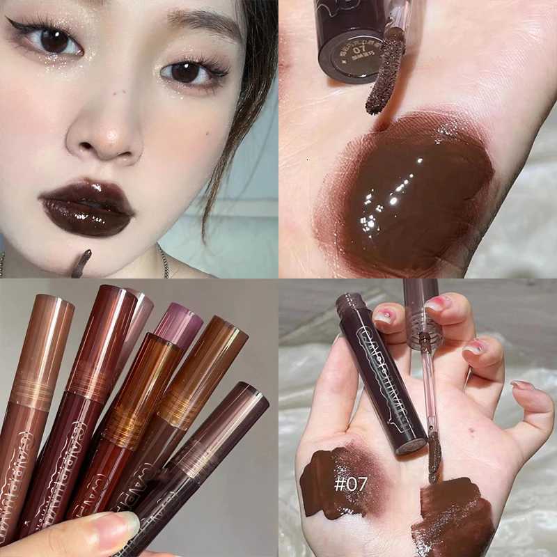 Punk Dark Brown Lip Gloss Mirror Water Lip Glaze Black Chocolate Lipstick Waterproof Liquid Lipstick Nude Clear Tint MakeupT251110