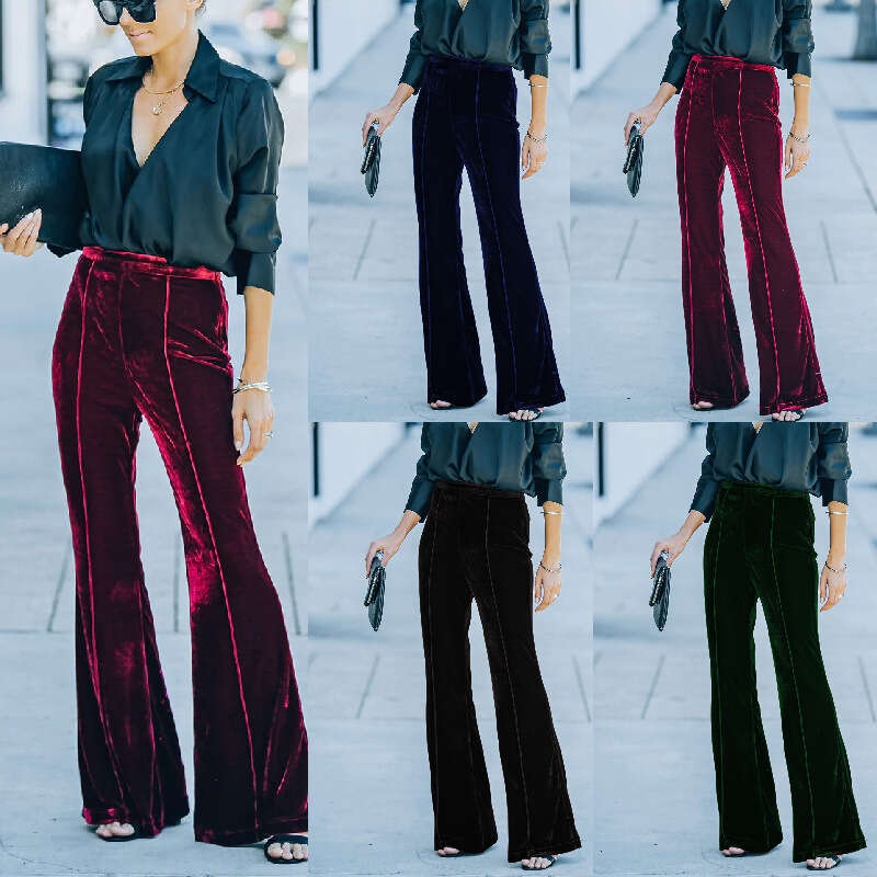 Cross-Border Independent Station European and American New Style 2023 Autumn Winter Women's Patchwork Velvet Flared High Waist Casual Pants
