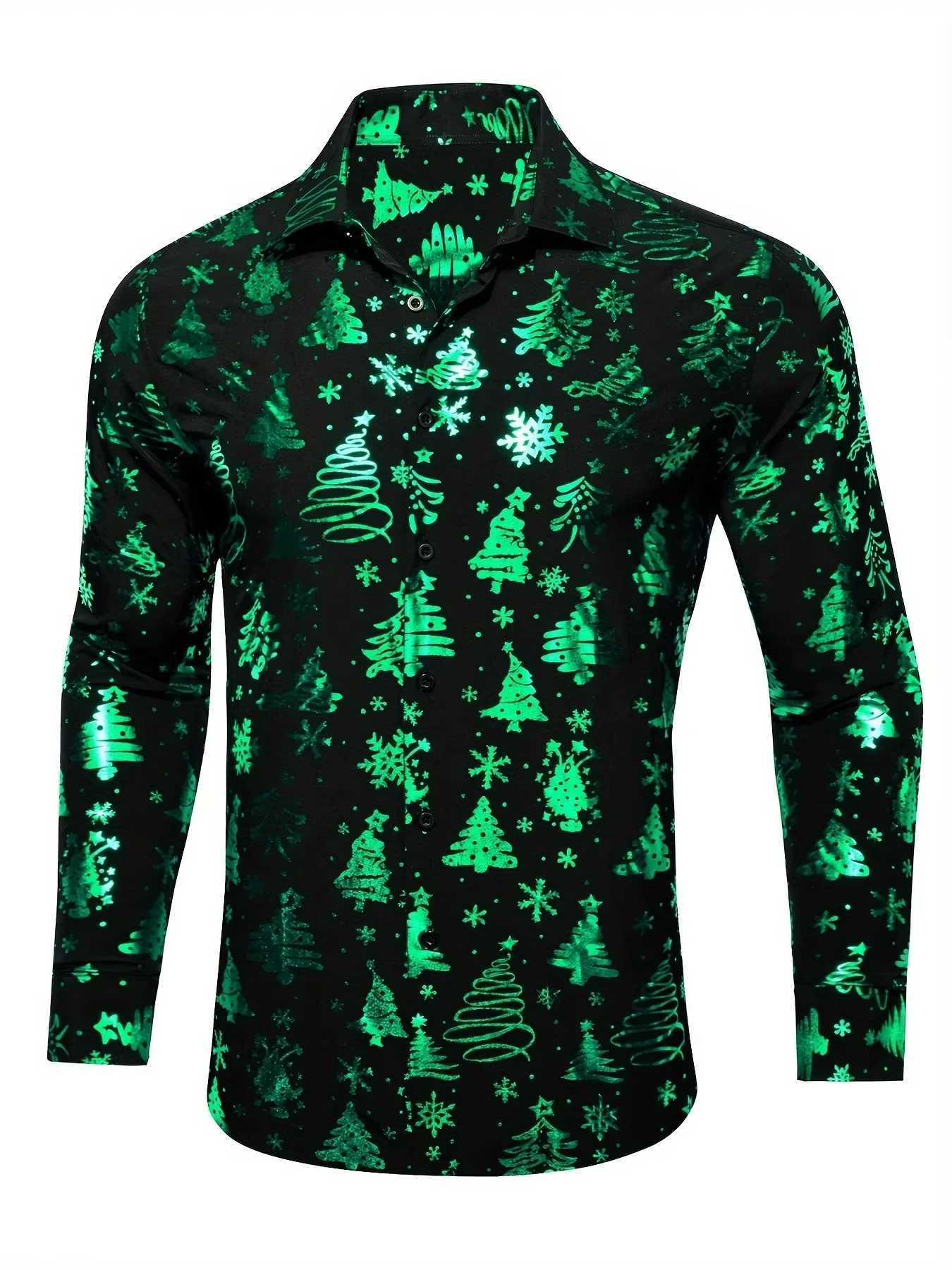 Mens Opulent Holiday 3D Golden Christmas Tree Print Formal Shirt Long Sleeve Party Wear K251110