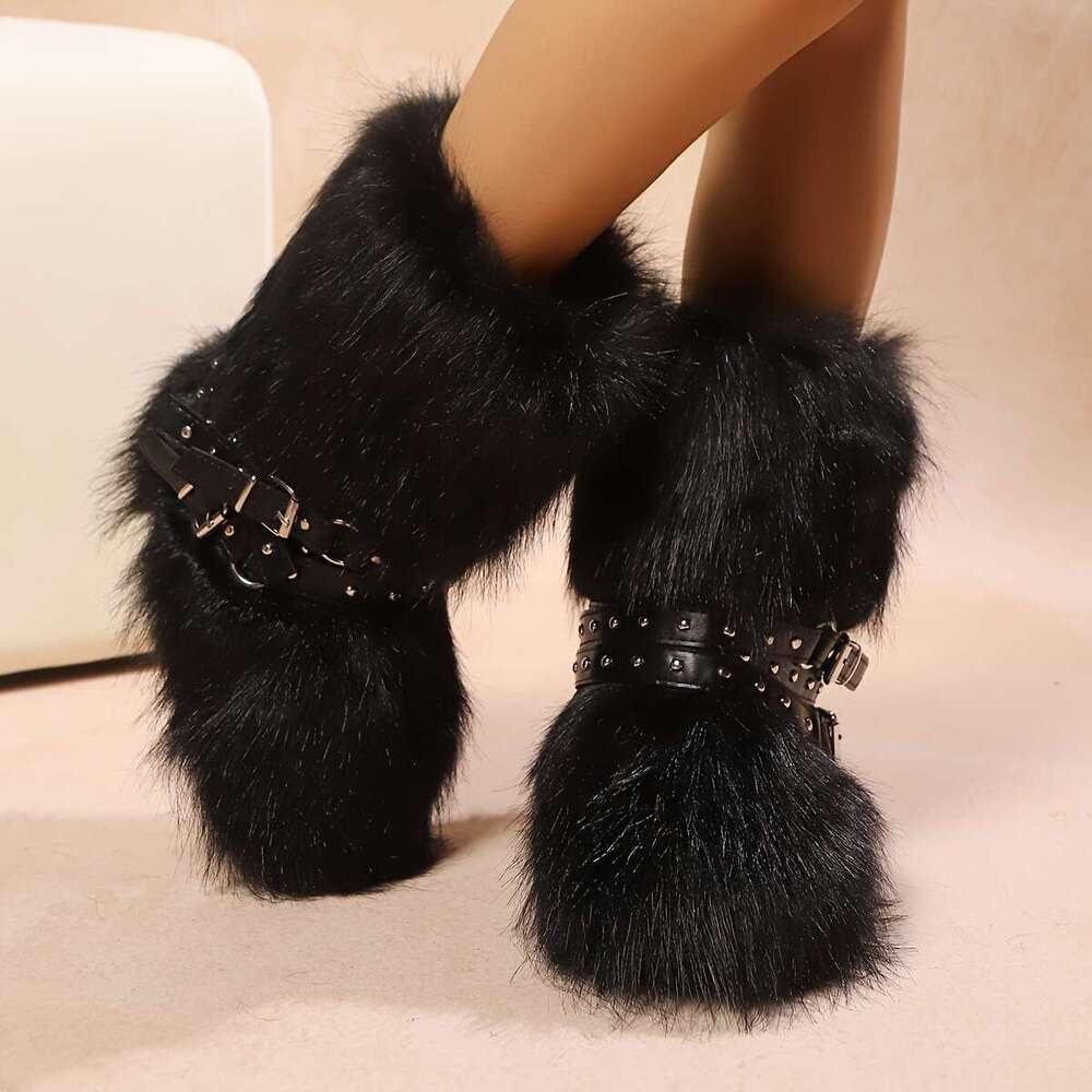 Women's Faux Fur Winter Warm Boots - Cross Strap Design, Mid-Calf Round Toe Slip-On, Non-Slip Rubber Sole With Fleece Lining, Available In Black/