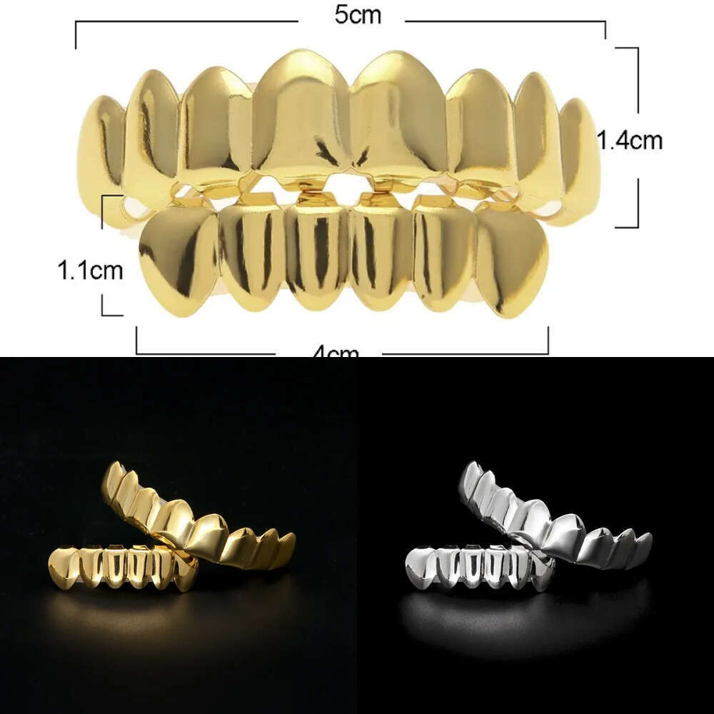Mens Gold Grillz Teeth Set Fashion Hip Hop Jewelry High Quality Eight 8 Top Tooth & Six 6 Bottom Grills