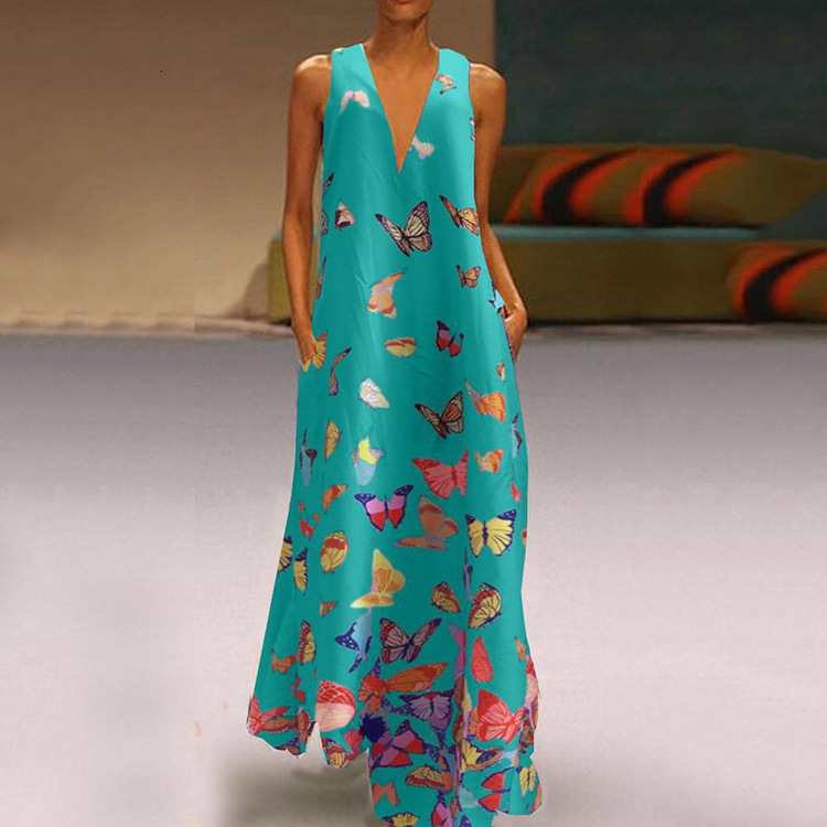 Summer Butterfly Print Bohemian Beach Skirt V-Neck Sleeveless Long Large Women's Dress