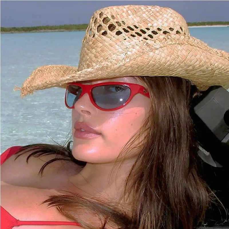 Hand Woven Raffia Hat Women Summer Simple Western Cowboy Straw Hat Lady Ins California Girl Seaside Vacation Curled Brim Sun Hat 250409