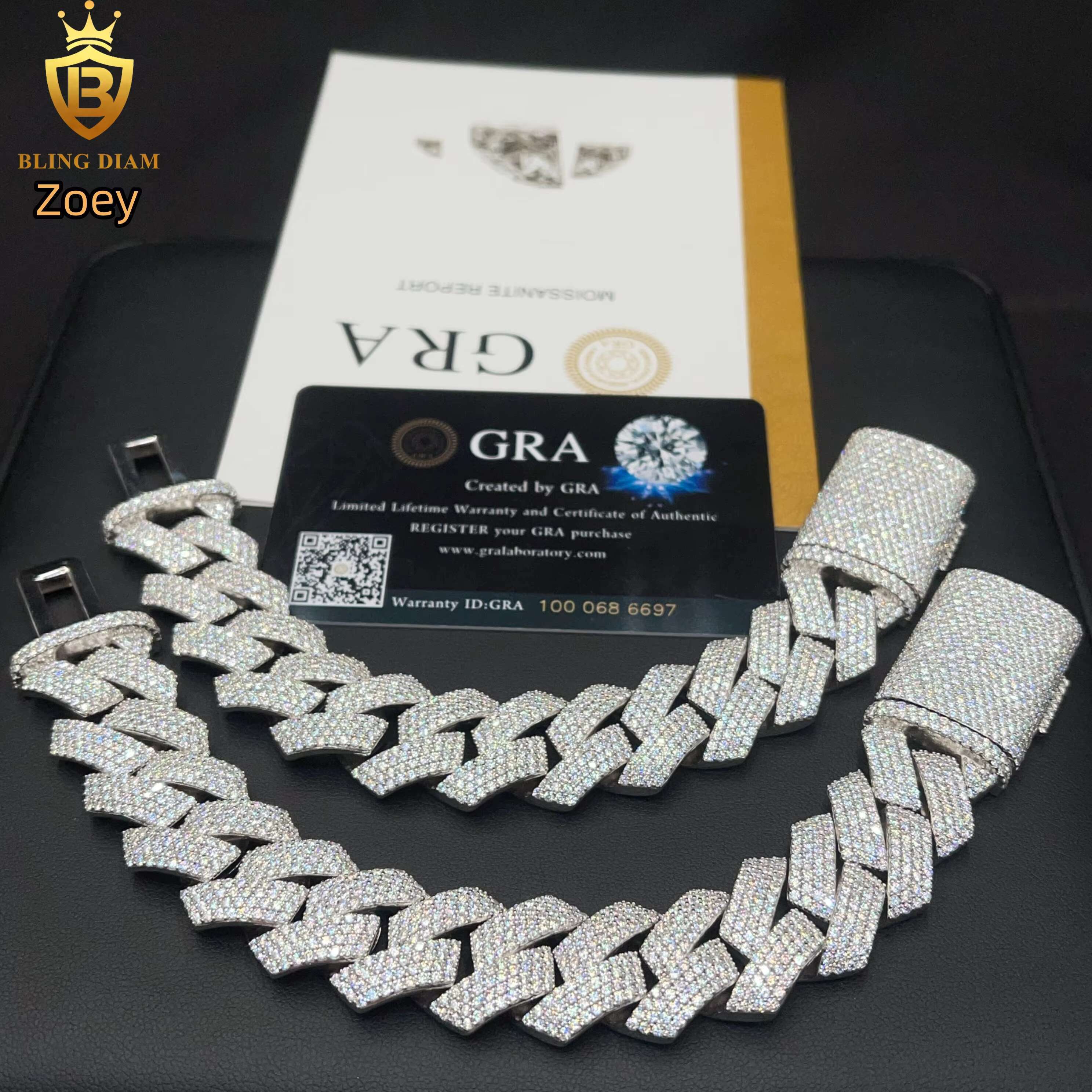20mm 4Rows Hip Hop Rapper Jewelry Vvs Moissanite 925 Silver Iced Out High Quality Miami Cuban Link Chain for Men