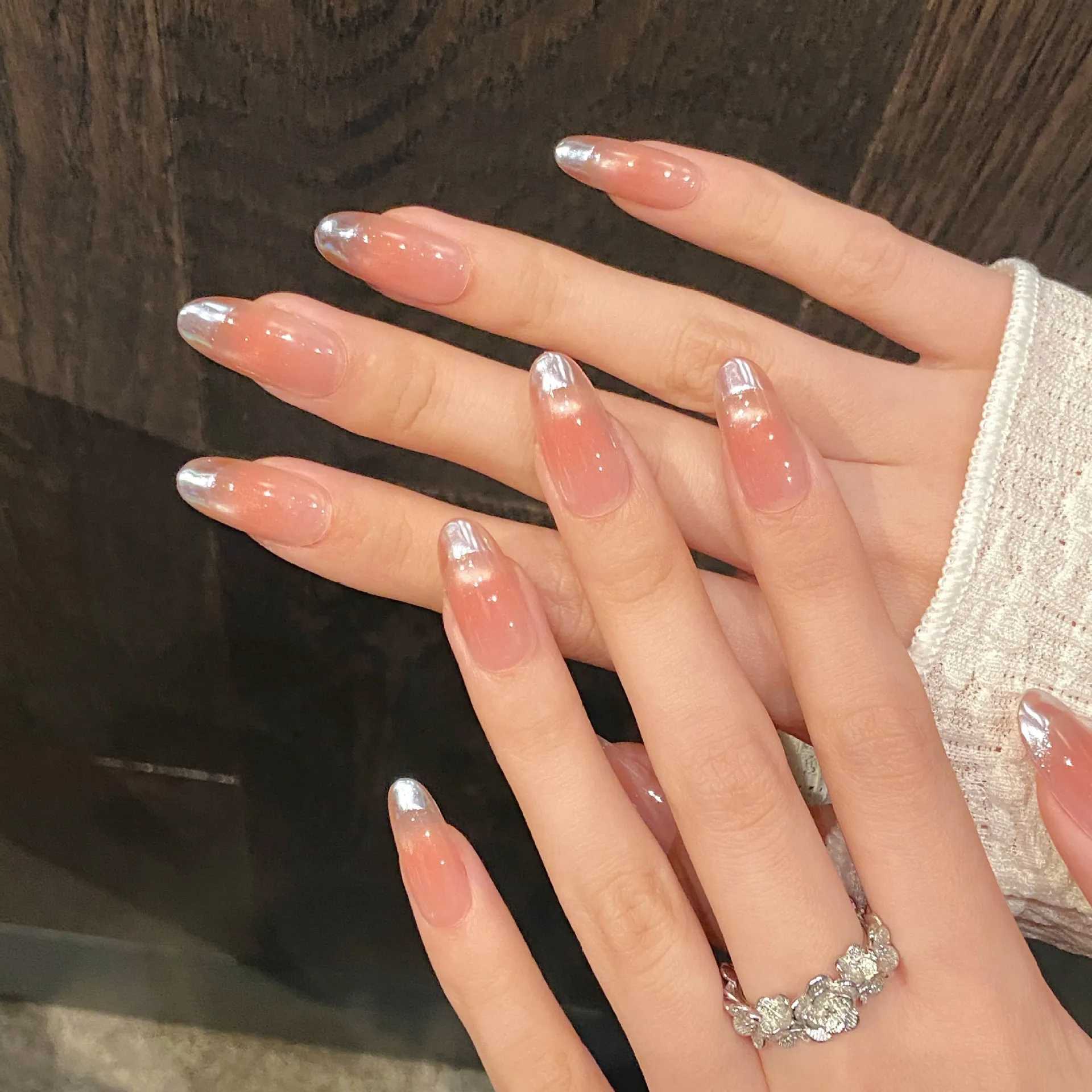 0 pieces of simple handmade fake nails with gradient pink design reusable art French cat eye oval shaped press nails W250410