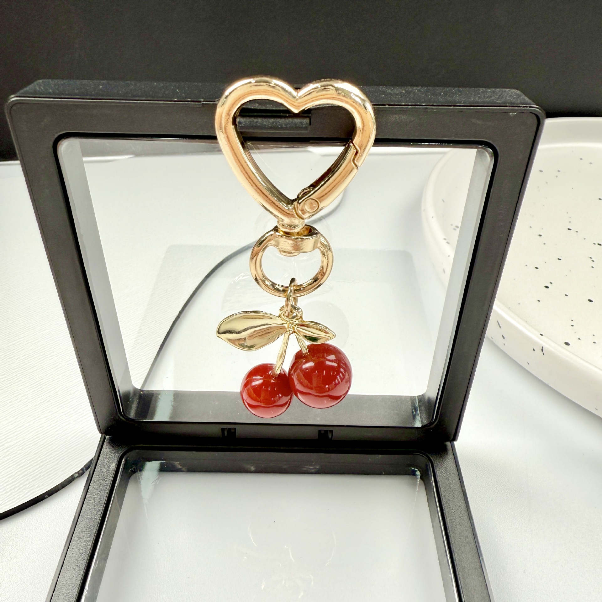 Fresh & Elegant Cherry Shiny Heart Buckle Keychain Fruit Cherry Bag Charm Exquisite Purse Pendant