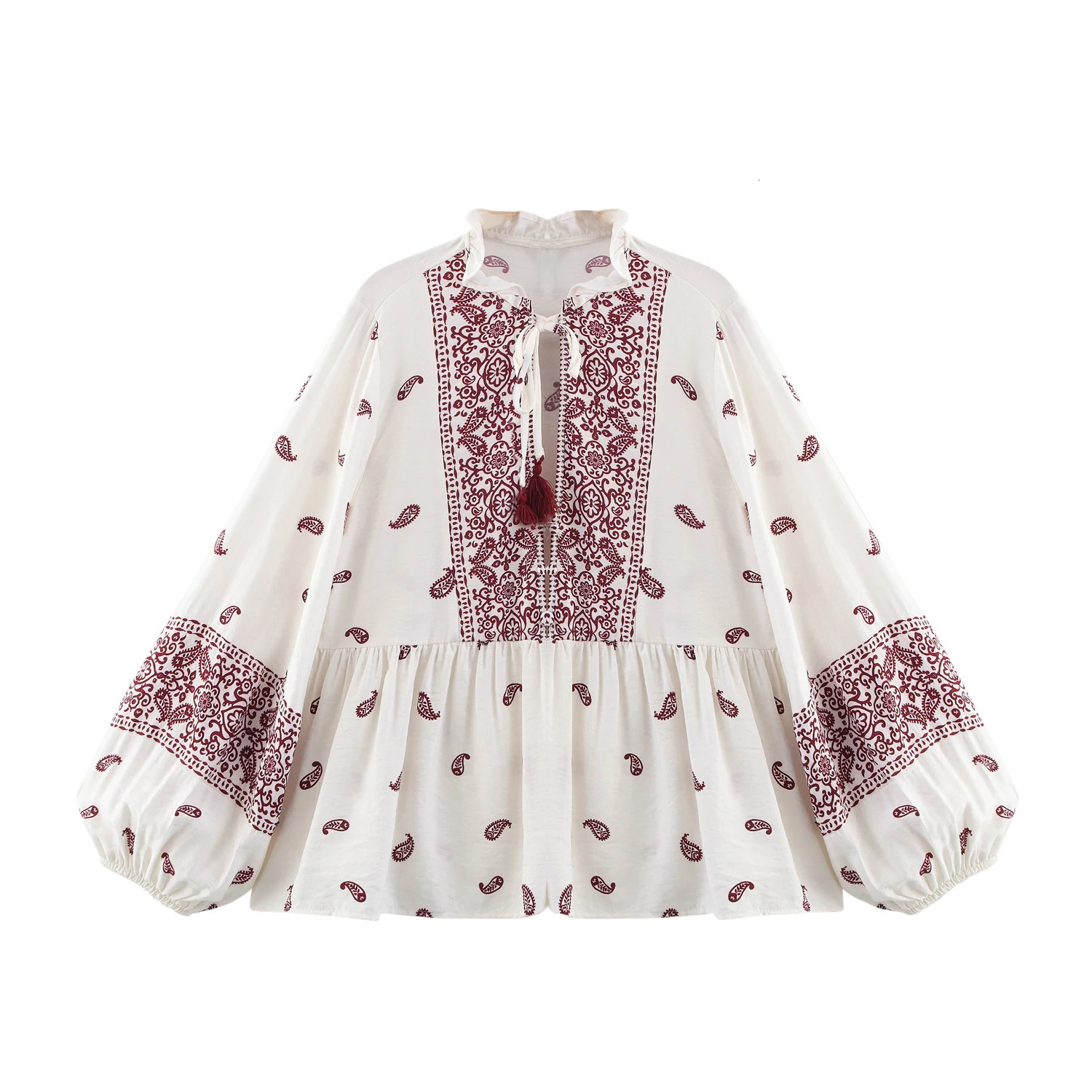European and American style printed fancy tassel loose casual long sleeved shirt 250410