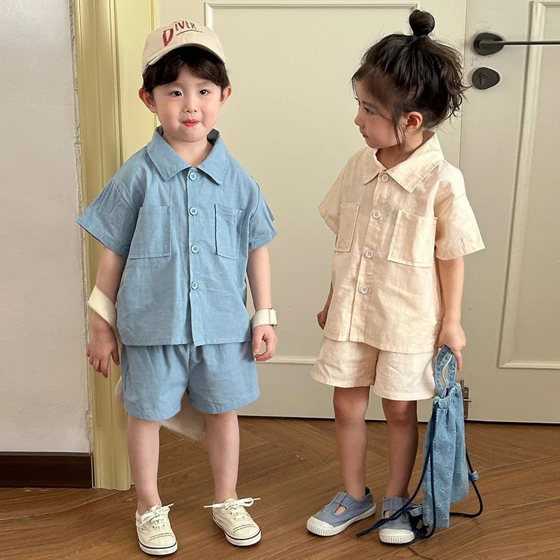 Summer Childrens 2PCS Clothing Set Cotton Thin Short sleeved ShirtSolid Casual Short sleeved Childrens and Childrens Boys Set 250409