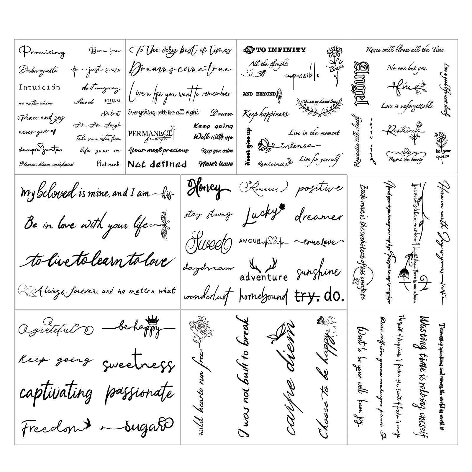 10 Creative Sketches Temporary Tattoos Butterflies Dandelions Daisies Alphabet Stickers Waterproof Body Art W250410