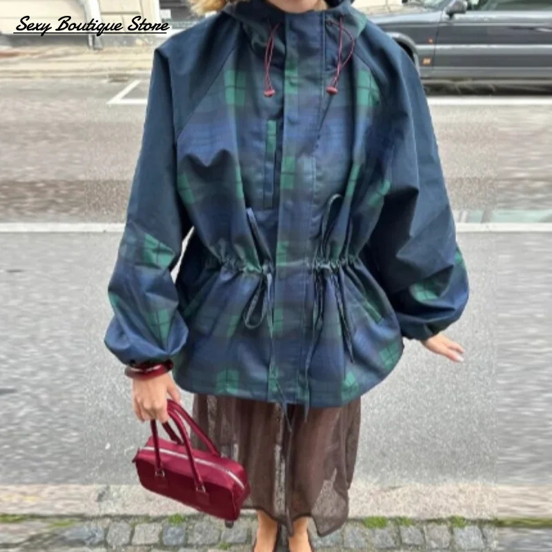 Autumn Winter Vintage Plaid Oversize Jacket For Women Loose High Neck Loose Hoodie Coat Lace Up Outwear Lady Streetwear 251105