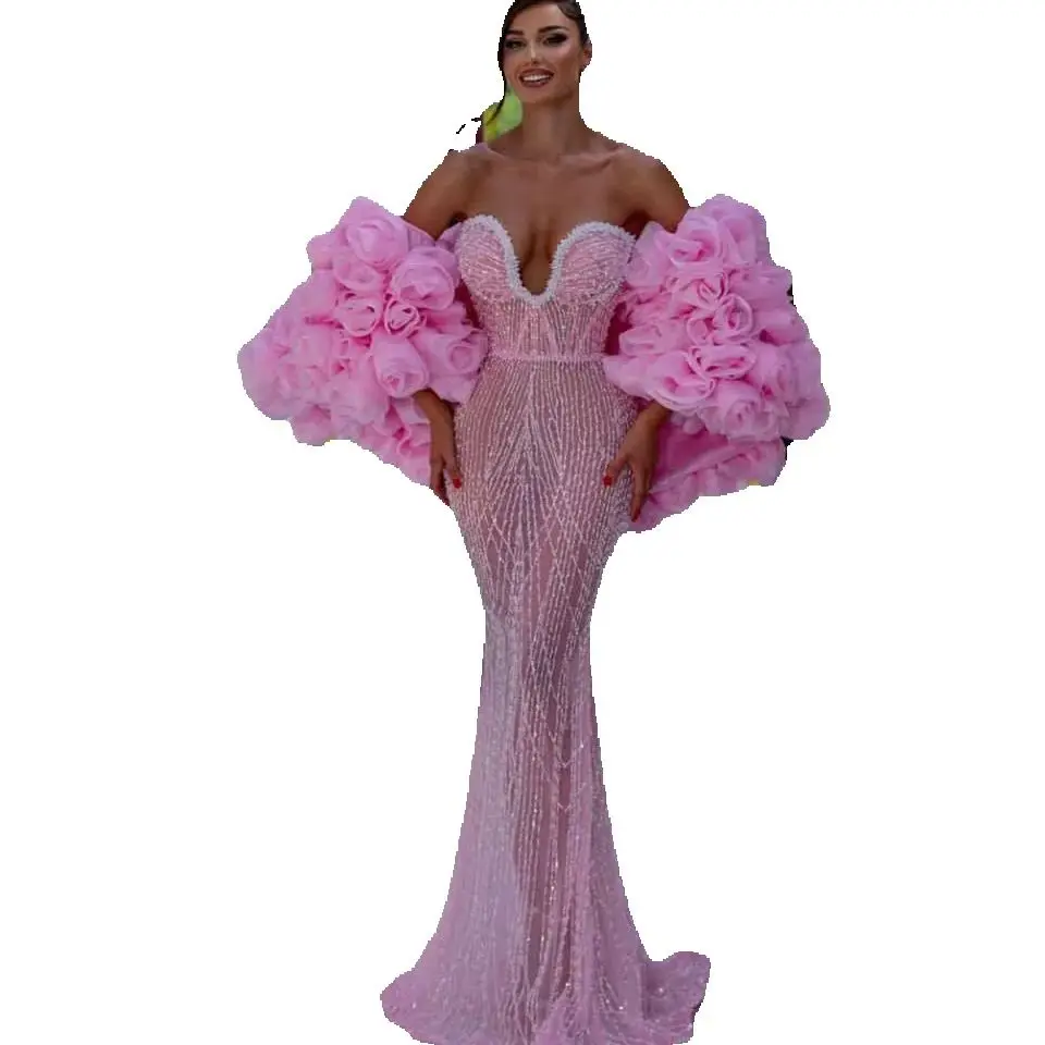 Shine Mermaid Prom Gown Crystal V-Neck Evening Dress Flower Party Prom Dress Sexy Bridal Gowns vestido de novia Size Customized Robes De Mariee L25101