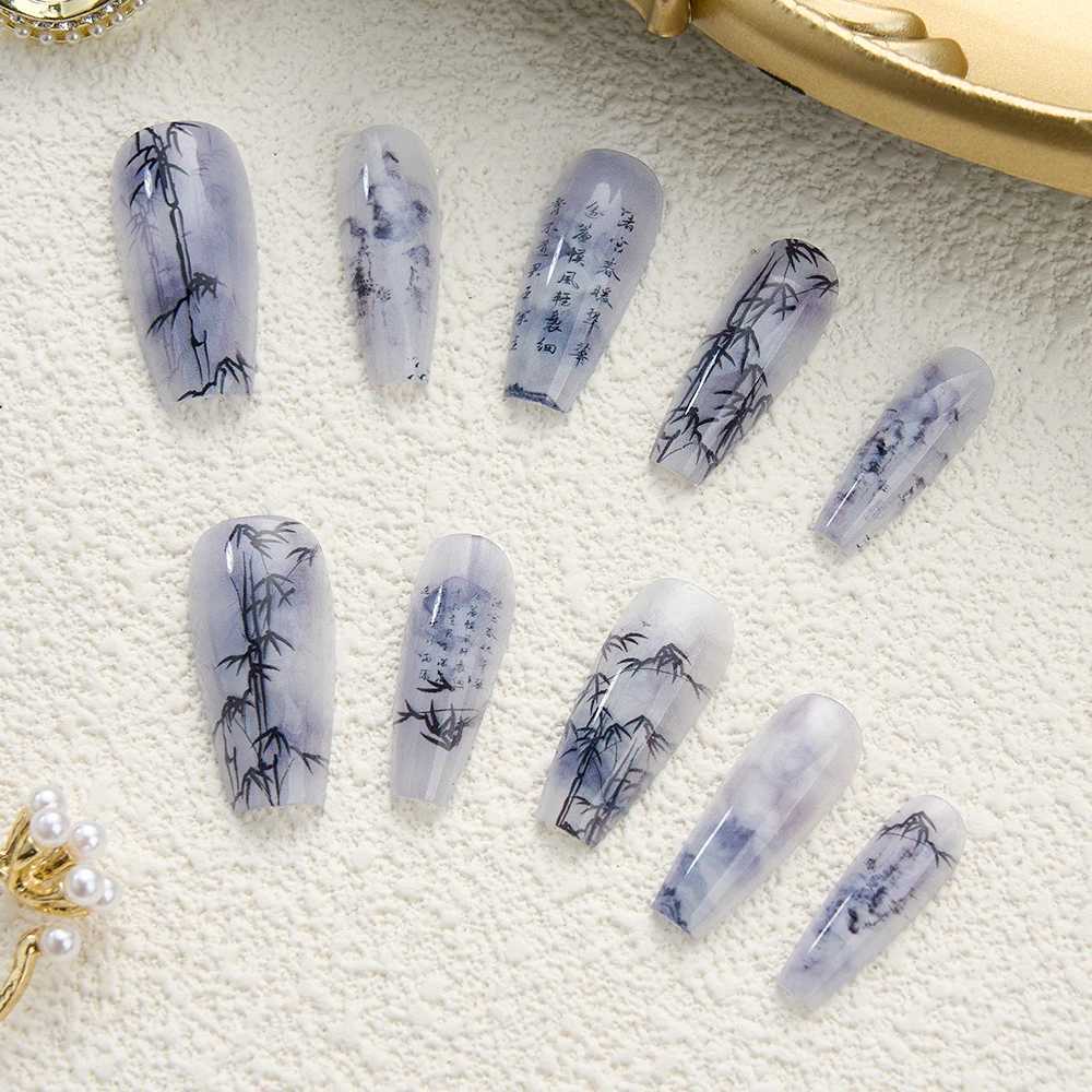 0Pcs Bamboo Chinese Style Fashion nail polish Poetry Painting Design Press Nail Set Reusable Full Cover Acrylic Nail Art W250410