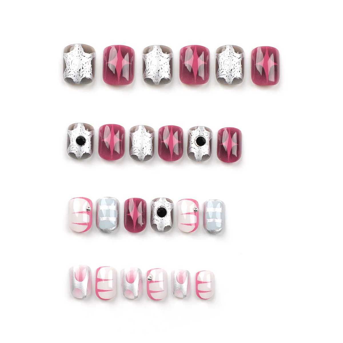 Wearable Star Y2k Nail Pressing Short Square 24 piece Fake Nail Silver Stripe Fake Nail Decoration Shining Nail Tip W250410