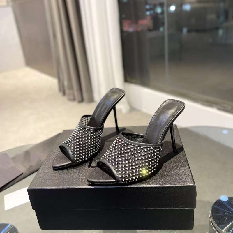 Guangzhou High-Quality 2024 Spring Summer New Rhinestone Mesh Peep-Toe Genuine Leather Sole Stiletto Heel Sandals For Women