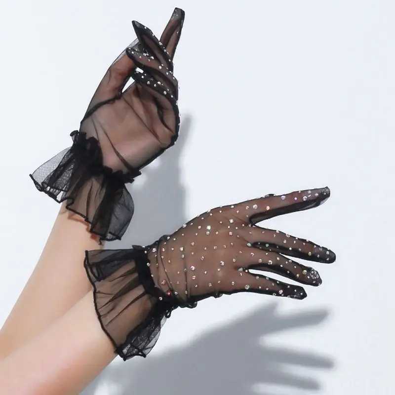 Women Sexy Transparent Shiny Pole Dancing High Stretch Gloves Stage Performance Cosplay Mesh Lolita Elegant Short Ruffle L251110