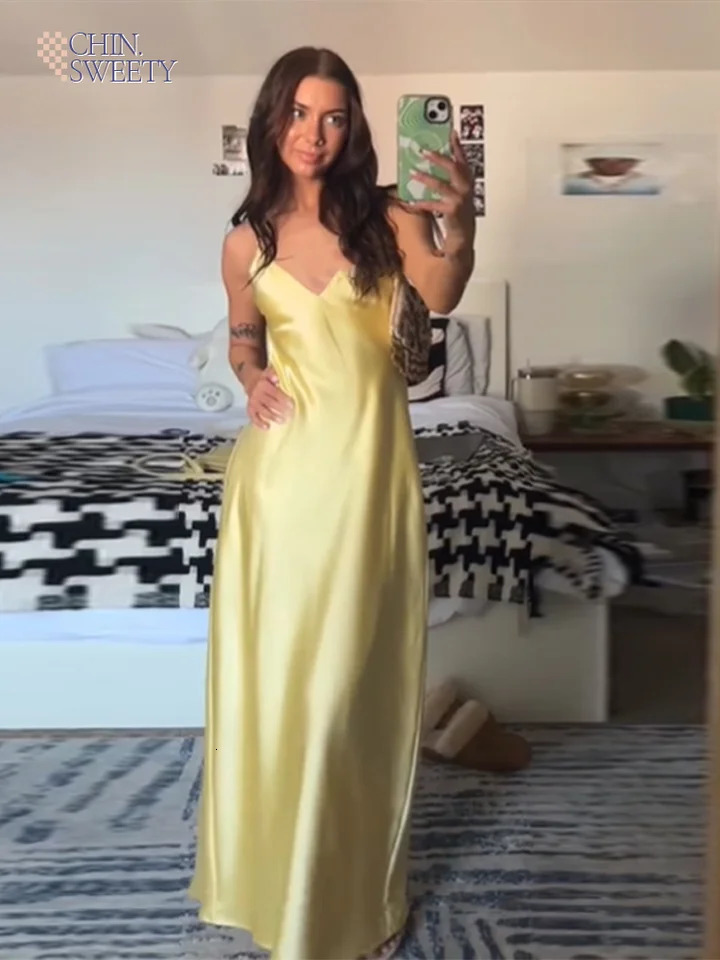 Chic Women Summer Yellow Stain V Neck Sling Dress Elegant Sleeveless Loose Maxi Robes 2025 Ladies Party Holiday Dresses 250409