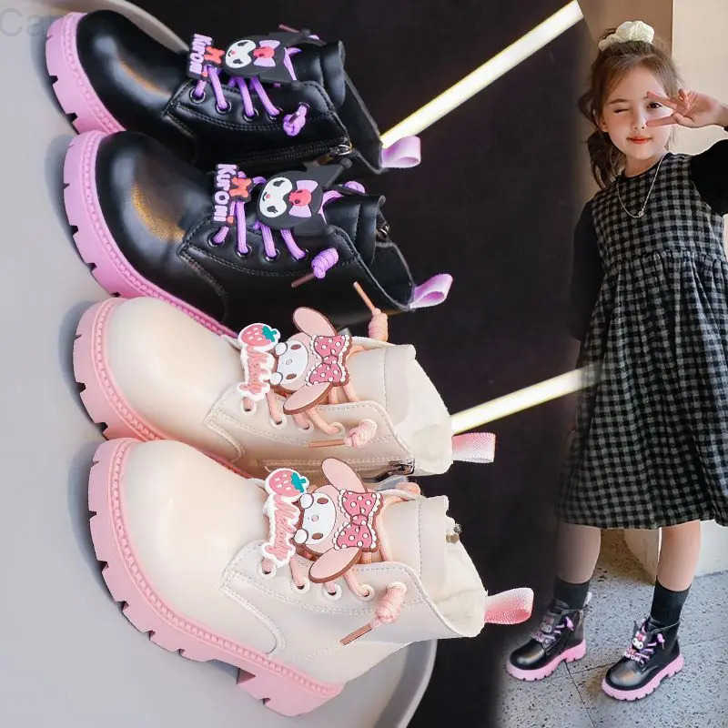 Sanrio Princess Shoes Cute Kuromi Melody Girl Leather Boots Non-Slip Autumn Winter New Children Short Cotton Boots Cotton Shoes H251110
