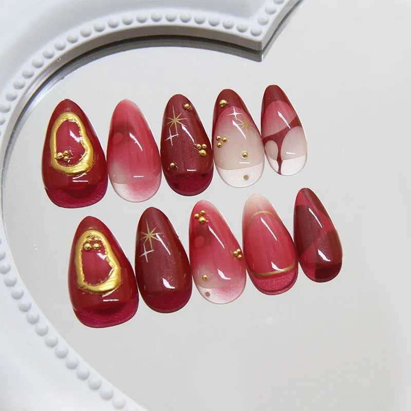 24 pieces of deep red simple French fake nails Baroque Starry Ins pressed on nails suitable for women to wear detachable short almond fake nails W2504