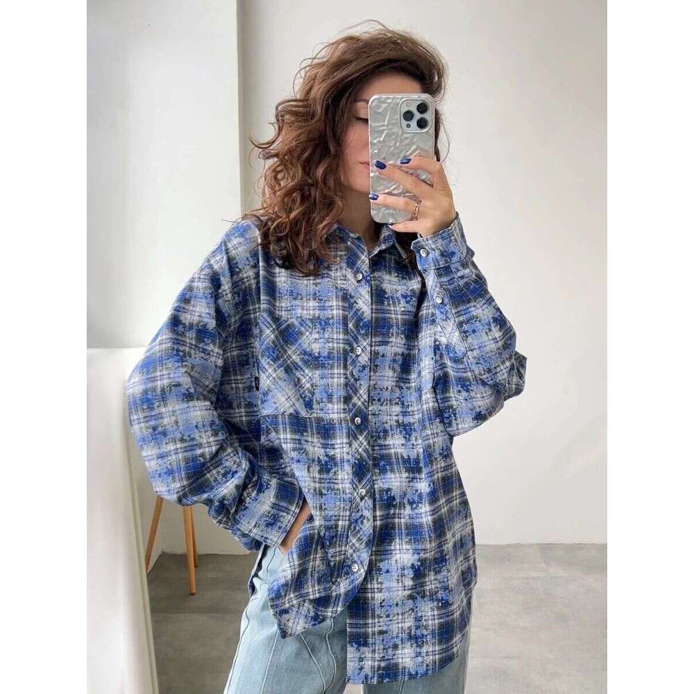 Brushed Check Men Blue Plaid Long Sleeve Oversized Shirts Male Plus Size