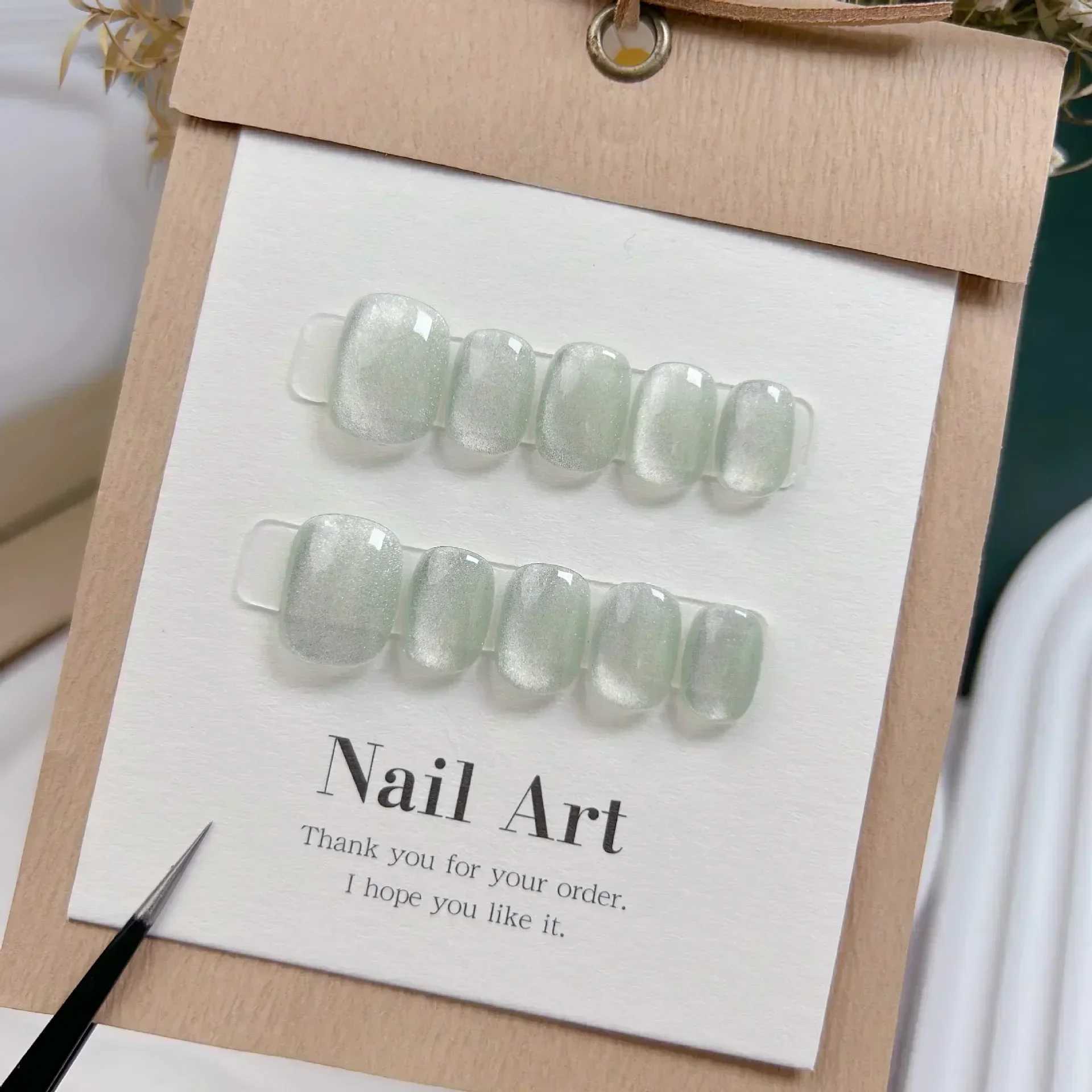 0Pcs Short Handmade Light Green Pressing Nail Cat Eye Pure Ballet Performer Decoration Wearable Fake Nail Full Set Nail Tip Art W250410