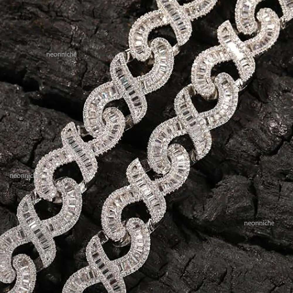 15mm Iced Infinity k Necklace 14K White Gold Plated Baguette Dia Cubic Zirconia Jewelry 16inch-24inch Cuban Chain