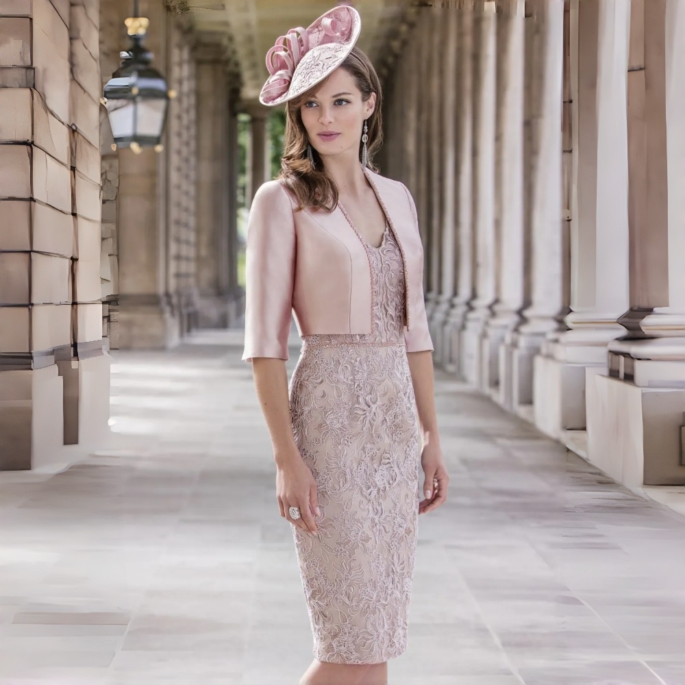 Elegant Lace Mother Of The Bride Dresses With Short Jacket Pink Sheath Knee Length Wedding Guest Dress 2026 Groom Mom Party Formal Wear