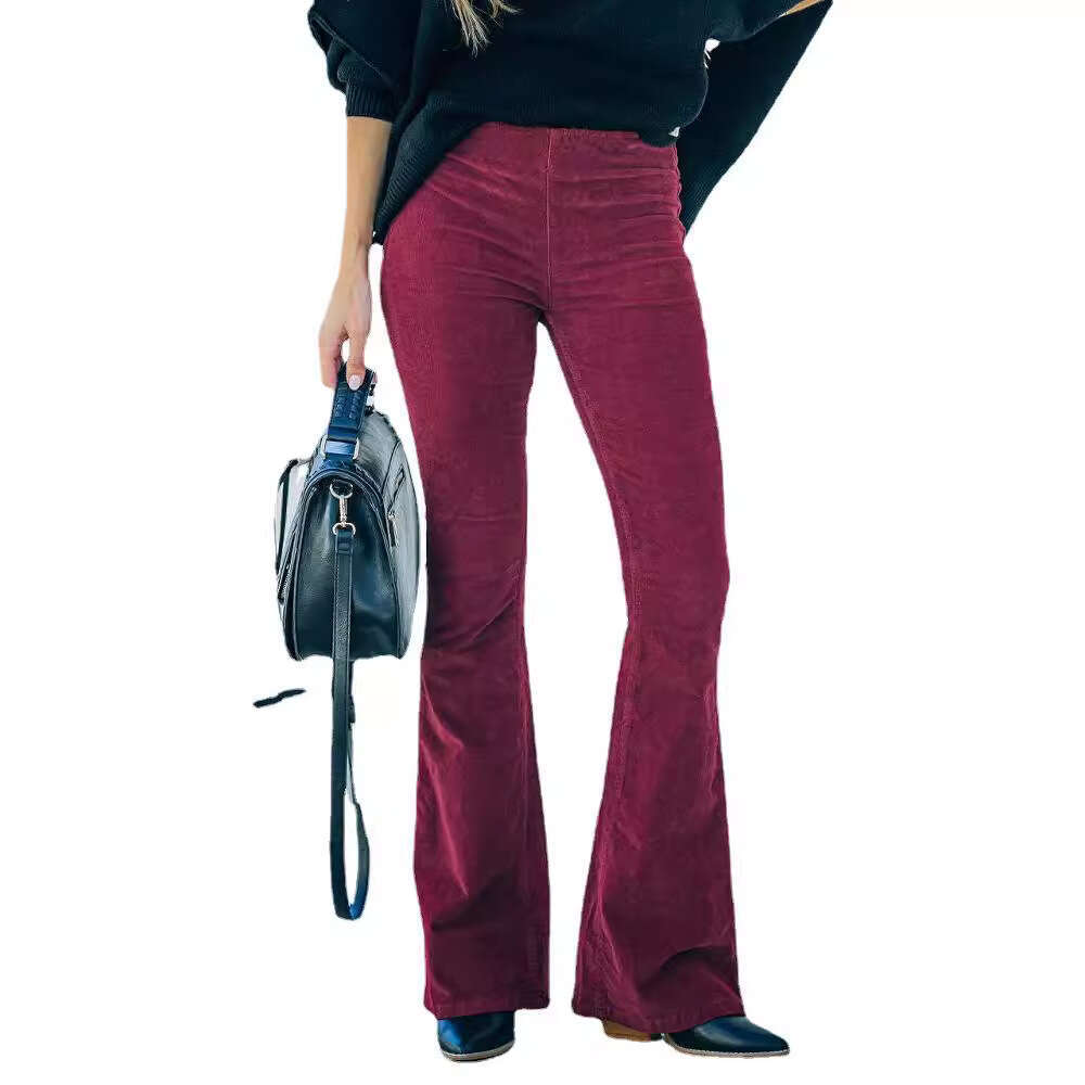 2025 Spring Summer Women's Solid Color High Slim Fit Flared Corduroy Elastic Waist Casual Pants