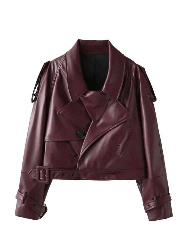 Womens Fashion Lapel Long Sleeve Short Leather Jacket Cool Slim Chery Red Short Jacket Motorcycle Street Party Jacket 251103