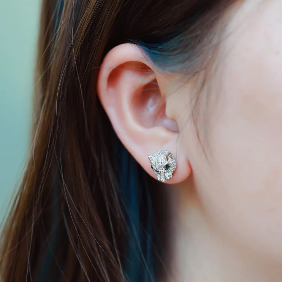ALLNOEL 100% 925 Silver Stud Earrings For Women Leopard Head Green CZ Eye Panther Animal Jewelry Hip Hop Punk Gift Wholesale 250409