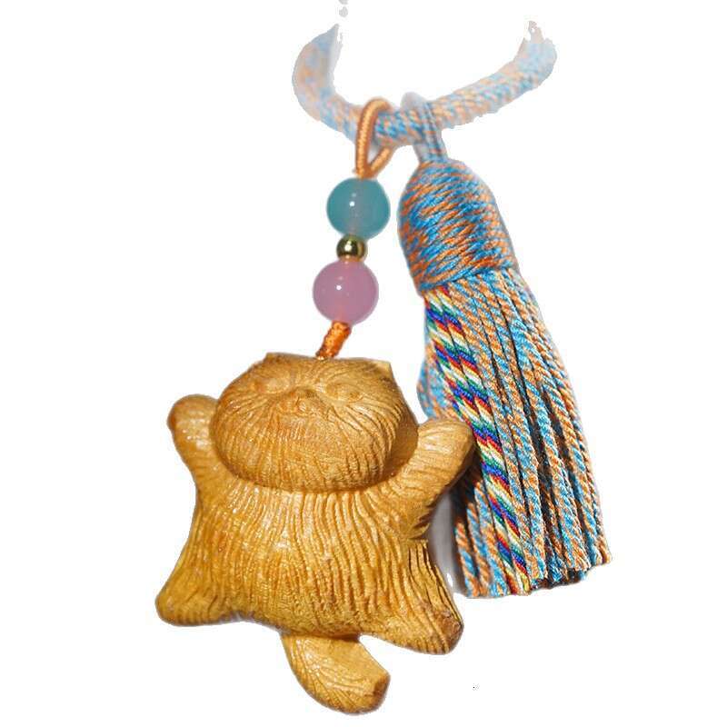 Sandalwood Carved Lying Cat Cute Pet Pendant Phone Chain Bag Tassel Wooden Ornament