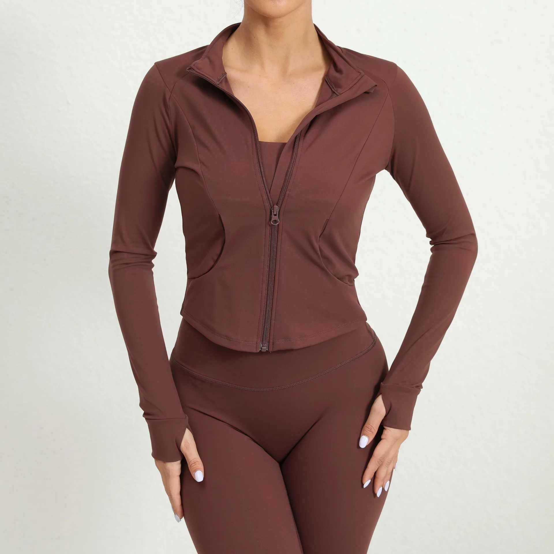 Zipper jacket womens crop top yoga shirt solid sports top slim fit long sleeved running shirt winter warm fitness gym sportswearXJ250410