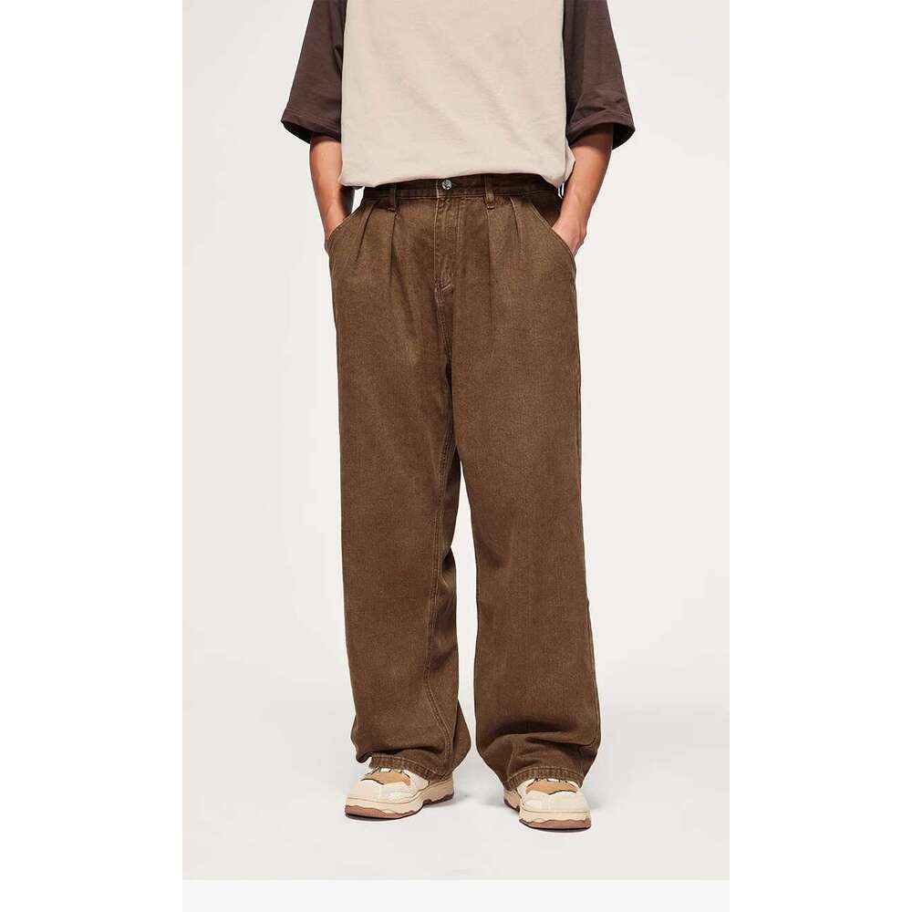 Brown Retro Washed Denim Pants Unisex Classic Straight Leg Jeans Male Trouesr Plus Size