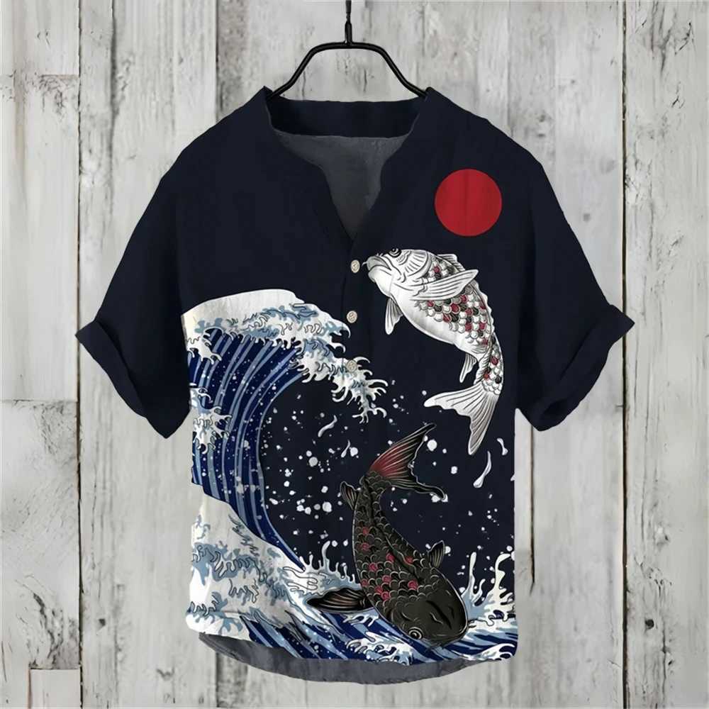 Summer mens short sleeved shirt linen printed shirt European and American popular elements octopus printed shirt X250410