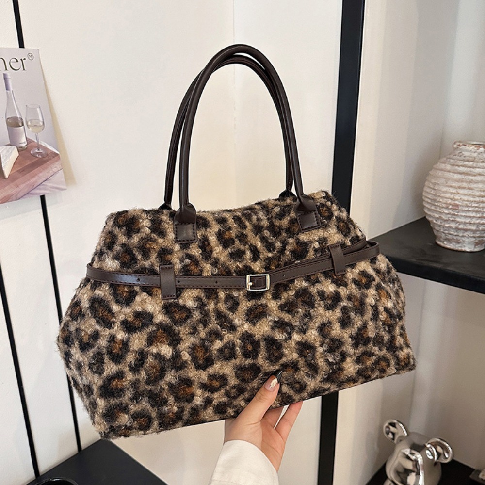Stylish Vintage Ladies' Faux Lambskin Leopard Print Duffle for All Seasons Practical with Adjustable Strap Options