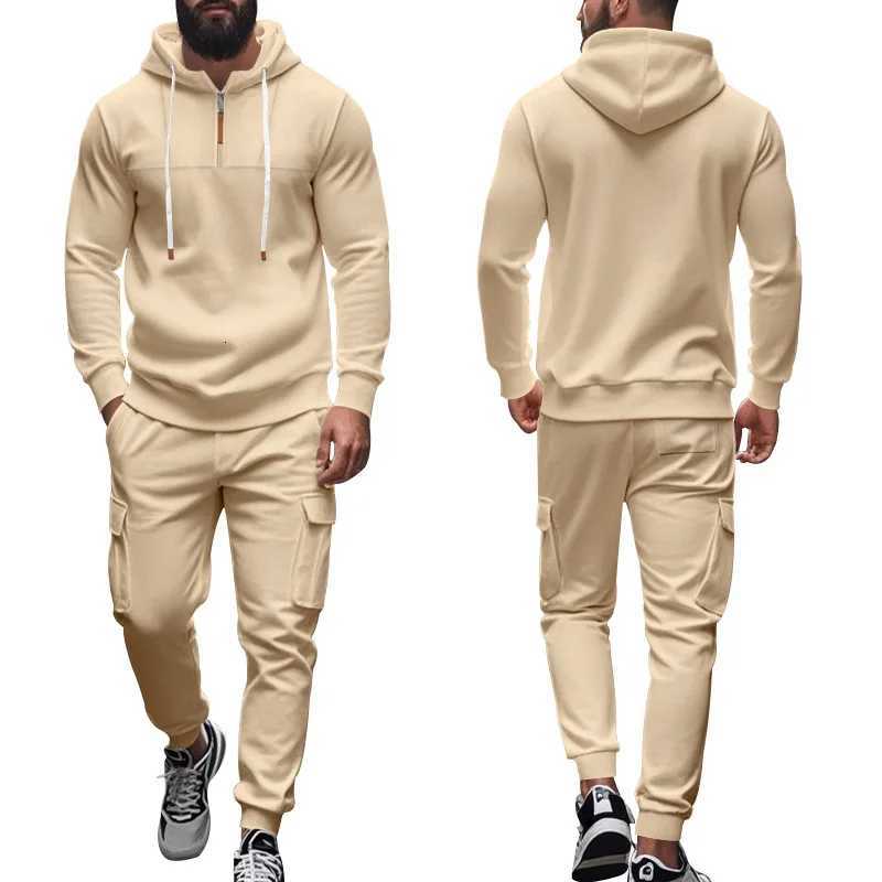 Mens fleece lined hooded tracksuit set long sleeve sweatshirt joggers cross-border sportswear for autumn winter casual wear W251110