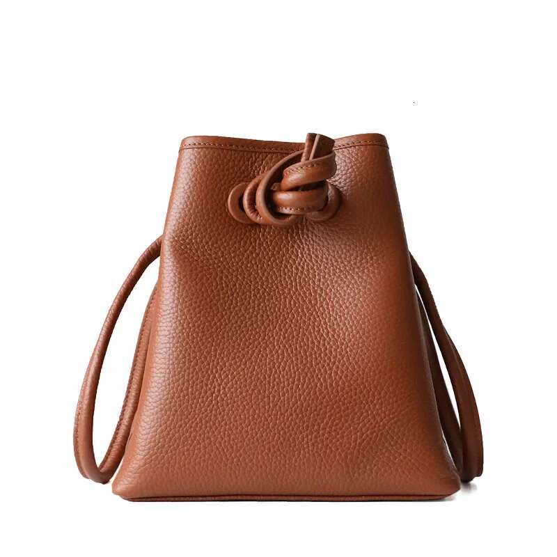 Japanese Drawstring Bucket Genuine Leather Women Shoulder Bags Female Handbags Designer Ladies Casual Messenger Bag