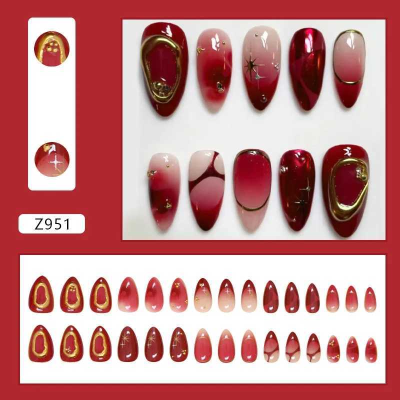 24 pieces of deep red simple French fake nails Baroque Starry Ins pressed on nails suitable for women to wear detachable short almond fake nails W2504