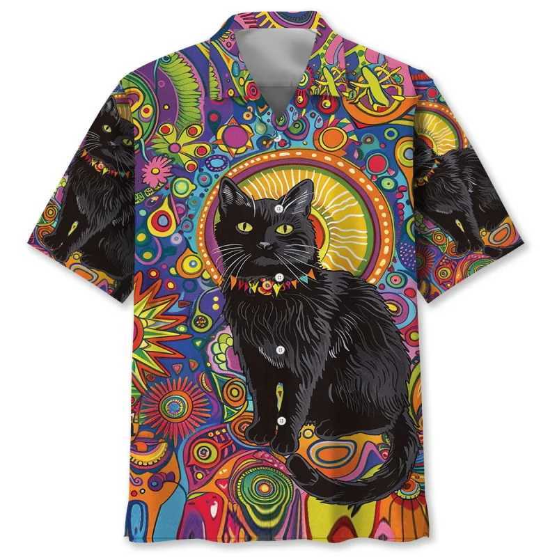 Interesting animal cat sunflower Hawaii 3D printed shirt mens summer short sleeved cute cat surfing beach shirt mens clothing X250410