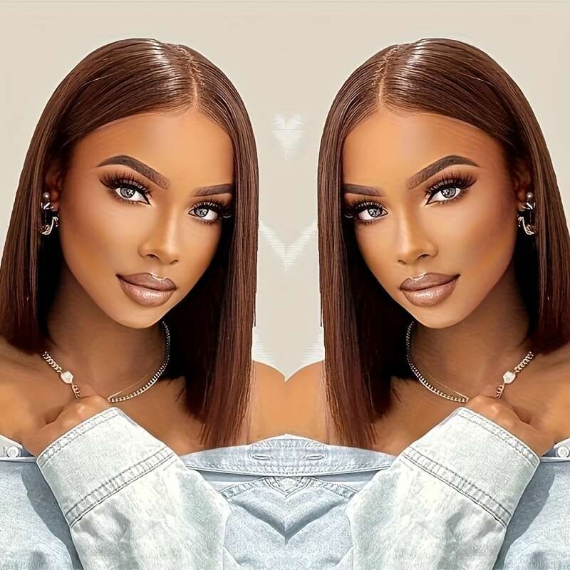 #4 Gluless Wigs Virgin 220% Chocolate Hairs 13X6x1 Middle Part Hairy Straight Bob 14Inch/16Inch/18Inch Dark Brown Brazilian Human Hair Lace Front Wig 