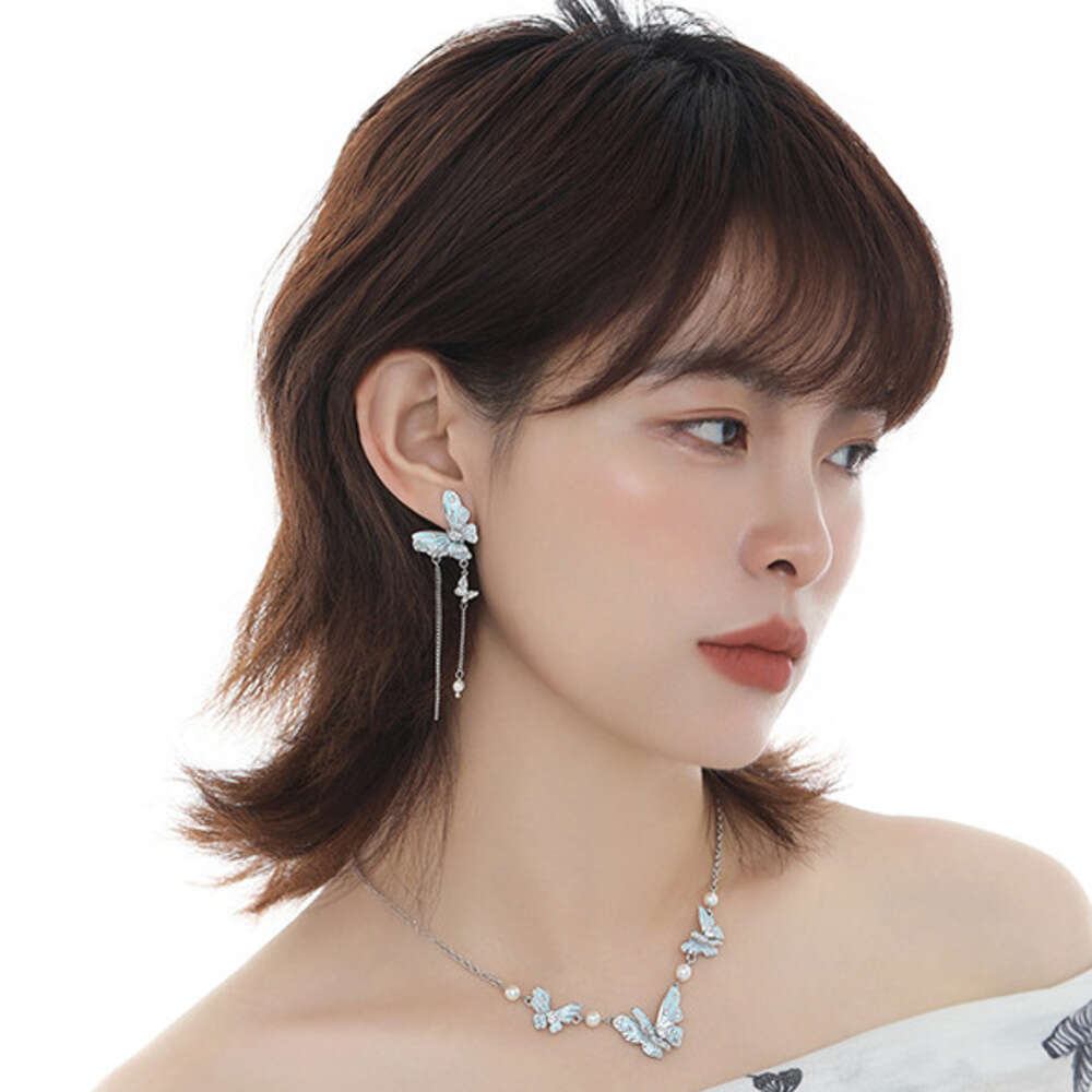 Original Long Tassel Blue Butterfly Earrings for Women, Light Luxury Fashion, High-end Feel, Gentle Temperament, 925 Silver Needle Ear Jewelry