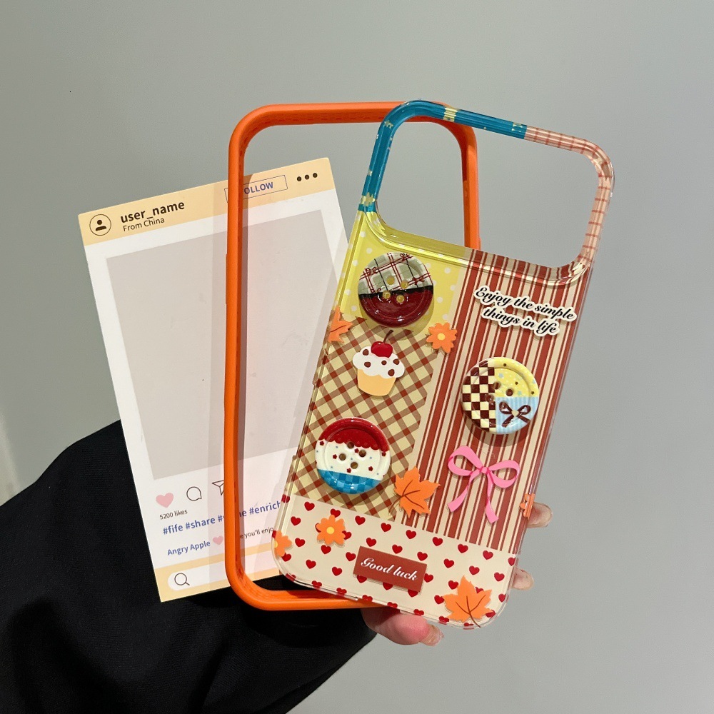 Button Stripe Phone Case Compatible with iPhone 17/16 Pro Max Autumn and Winter Cartoon Protective Cover iPhone 15/14 Shockproof