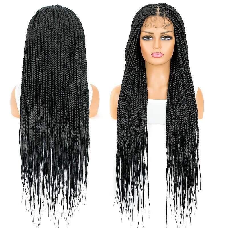 36-Inch Full Lace Braided Wig - Knot-Free Box Braided, Easy To Wear, High-Temperature Fiber, Straight Hair, Elegant Style, For All Occasions
