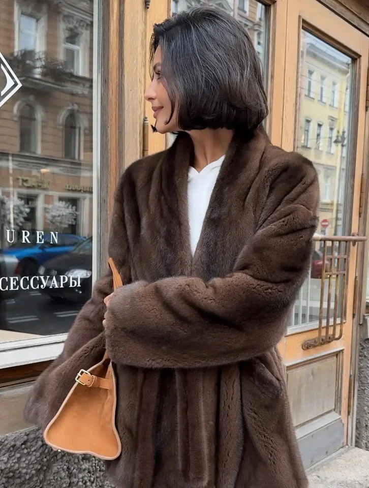 Women Fashion Elegant Lace Up Faux Fur Jacket Plush Vneck Long Sleeve Loose Warm Jackets Lady Winter Commute Street Coats 251110