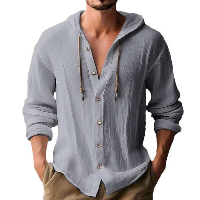 Cross-Border Amazon 2025 New Spring Summer Hooded T-Shirt Solid Color Cotton Linen Men's Casual Long Sleeve Top