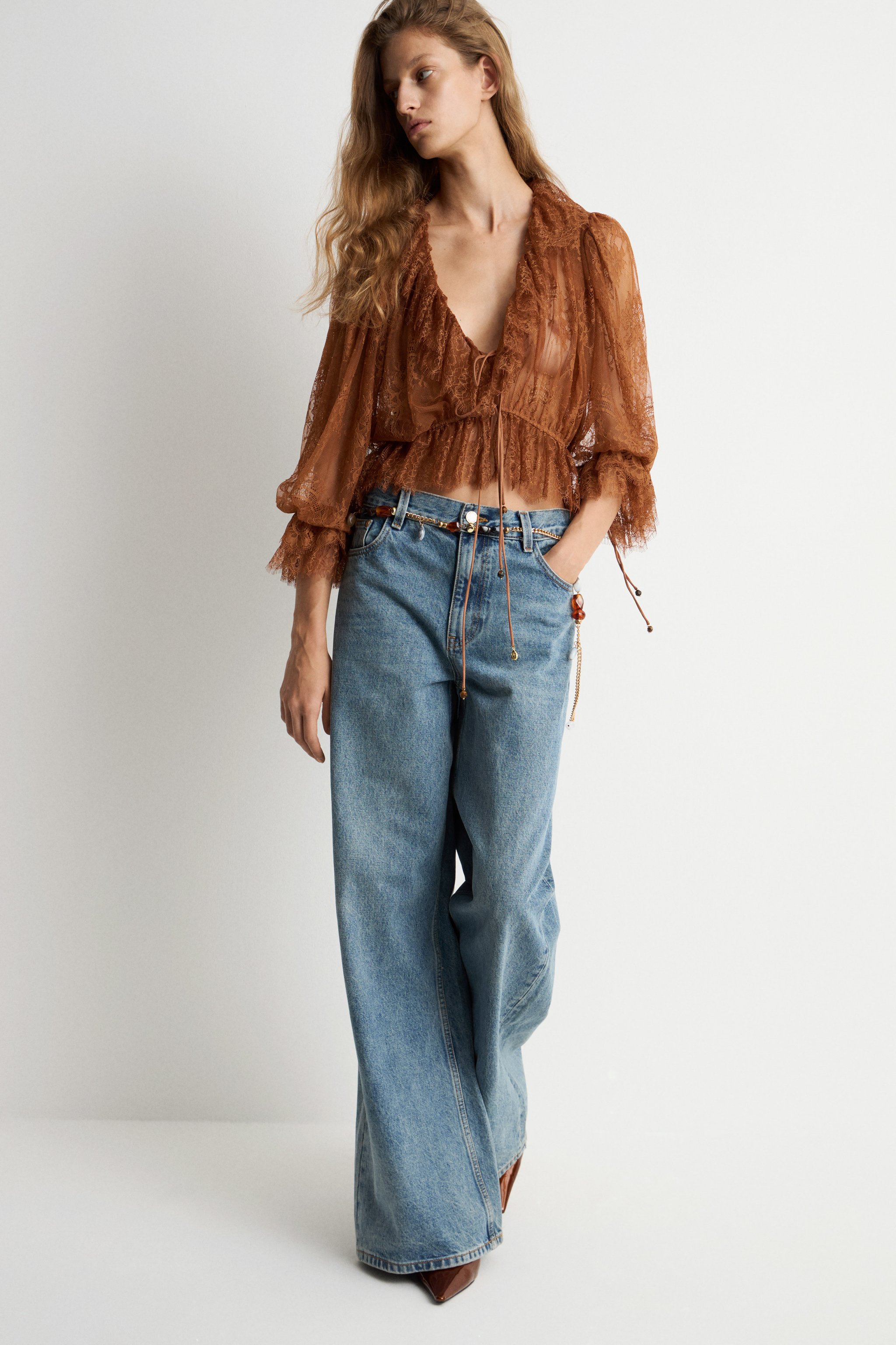 Women's Brown Sheer Lace Floral Blouse, V-Neck Tie Detail Ruffled Sleeve Top