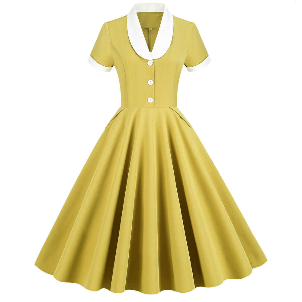 Hepburn style retro court waist cinching light contrasting color collar, annual performance costume, big swing, medium length dress, 2025 new casual f
