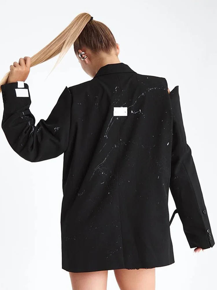 Graffiti Hollow Out Off Shoulder Coat Woman Loose Print Lapel Single Breasted Long Sleeves Jacket Casual Chic Womens Suit Coats 251110