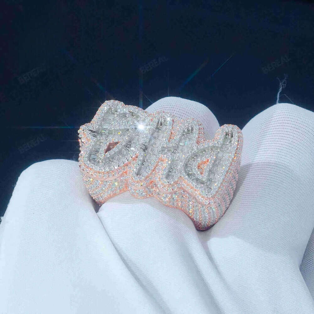 Custom Letter Iced Out Vvs Moissanite Hip Hop Ring Pass Dia Test Sier Rose Gold Plated Fine Jewelry Rings Men