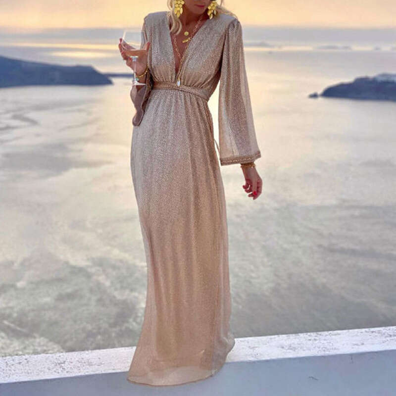 Women's Fashion In-Stock Fashionable Apricot V-Neck Long Sleeve Sequin Night club maxi dress DRESSES FOR WOMEN