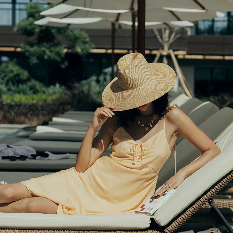 Trend Summer Wide Brim Straw Hat Chapeau Ladies Panama Sun Hats Boater Black Beach Hat Sombrero Mujer Fedora Cowboy Jazz Cap 250409